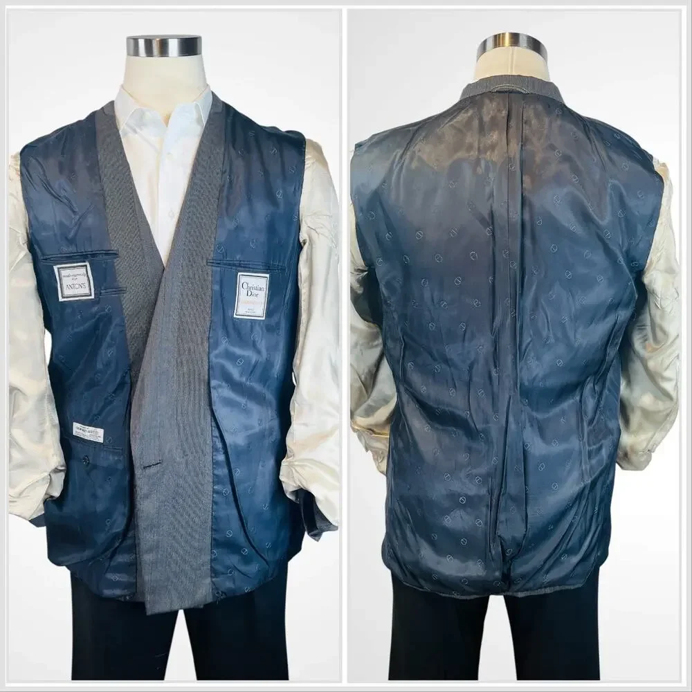 Vtg Christian Dior Le Connaisseur Blazer 41-42L Gray Double Breasted Power Note